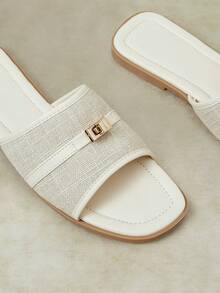 Styleloop Color Matching Square Toe Sandals Women's Summer Wear Flat Bottom Linen Breathable Slouchy Holiday Sandals - Off-white - View 10