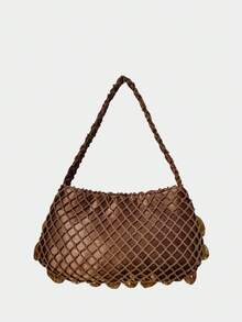 SHECARRY Ladies Fashionable Elegant Simple Handmade Irregular Leaves Hanging Leaves Rhombus Grid Ladies Handbag, Party Dating Banquet - Brown - View 4