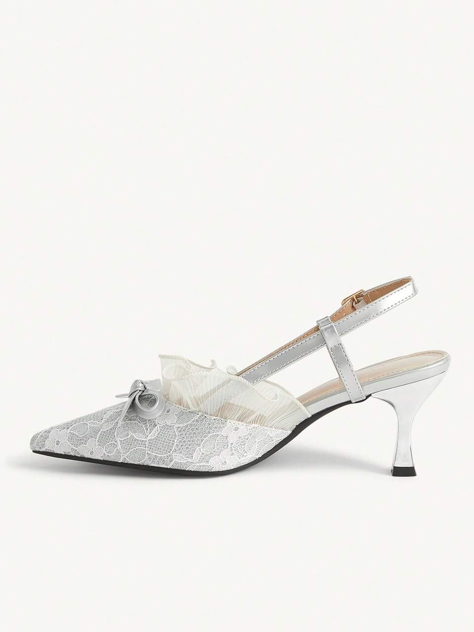 CUCCOO CHICEST Women's Silver And White Lace Mesh Pointed Toe Slingback Sandals Women's Bow Buckle With Wine Glass And Closed Toe Low Vamp Fairy Style High