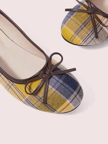 CUCCOO DOLLMOD Women's Plaid Ballet Flats, Round Toe Bow Slip-On Shoes, Retro College Style Daily Comfortable Commuting Women's Shoes - Yellow - View 4