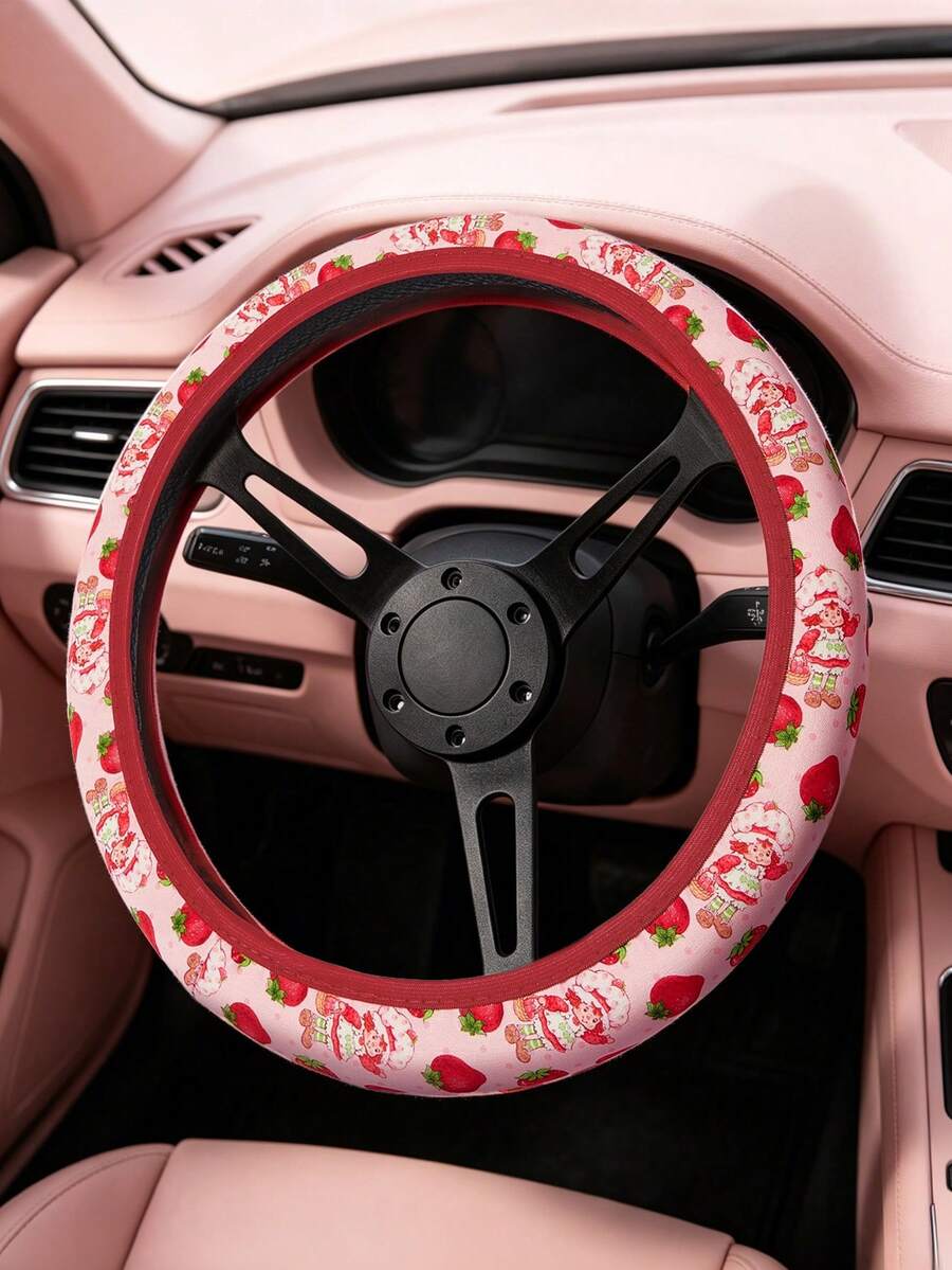 Strawberry Shortcake X SHEIN Cute Strawberry Pattern Steering Wheel Cover, 15-Inch Universal Non-Slip Elastic Car Steering Wheel Cover, Soft And Breathable Pink Strawberry Pattern Car Interior Accessories, Suitable For Women And Girls - Strawberry Doll - View 1
