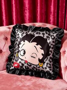 Betty Boop x SHEIN 1Pc Cute Cartoon Black Leopard Print Girl Pattern Pillow Cover, Black Ruffle Edge Design, Satin Material, Comfortable And Cool, Suitable For Spring And Summer Waist Pillows, Retro Bedding, Preferred For Gifts - Black - View 1