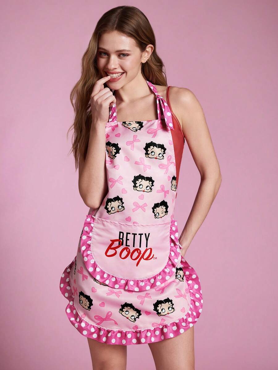 Betty Boop x SHEIN 1pc Cute Design Kitchen Apron, Baking Apron, Ruffle Bow Decor, Adorable Apron, S & M Two Sizes, Parent-Apron - Multicolor - View 1