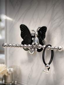 1Pc Decorative Butterfly Wall‑Mounted Storage, No‑Drill Self‑Adhesive, Beaded Towel Rack With Rhinestone & Non‑Rhinestone Hooks, Silver Acrylic Bathroom Vanity Organizer For Hairbands, Scrunchies And Towel Hanging - With rabbit - View 8