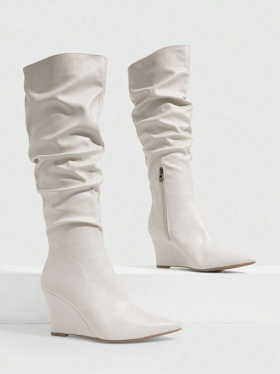 CUCCOO SZL Women Shoes Pointed Wedge Heel Beige PU Pile Boots Pleated Boots Sexy Nightclub Party High Boots Women's Knee Boots High Boots