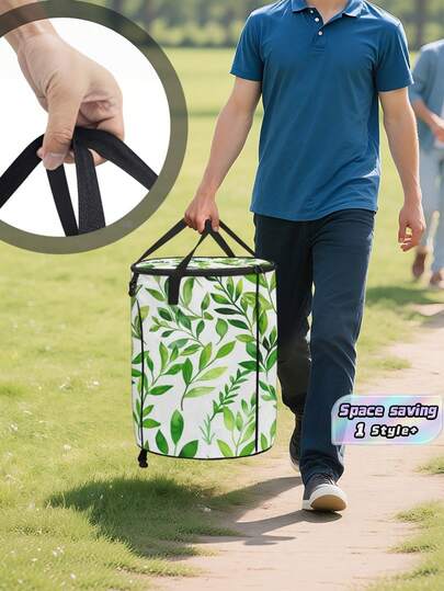 1PC Large Capacity Waterproof Polyester Zippered Handle Multifunctional Green Leaf Print Collapsible Trash Can Laundry Storage Bag For Camping RV Picnic Travel Hiking Beach Boating Car Road Trip