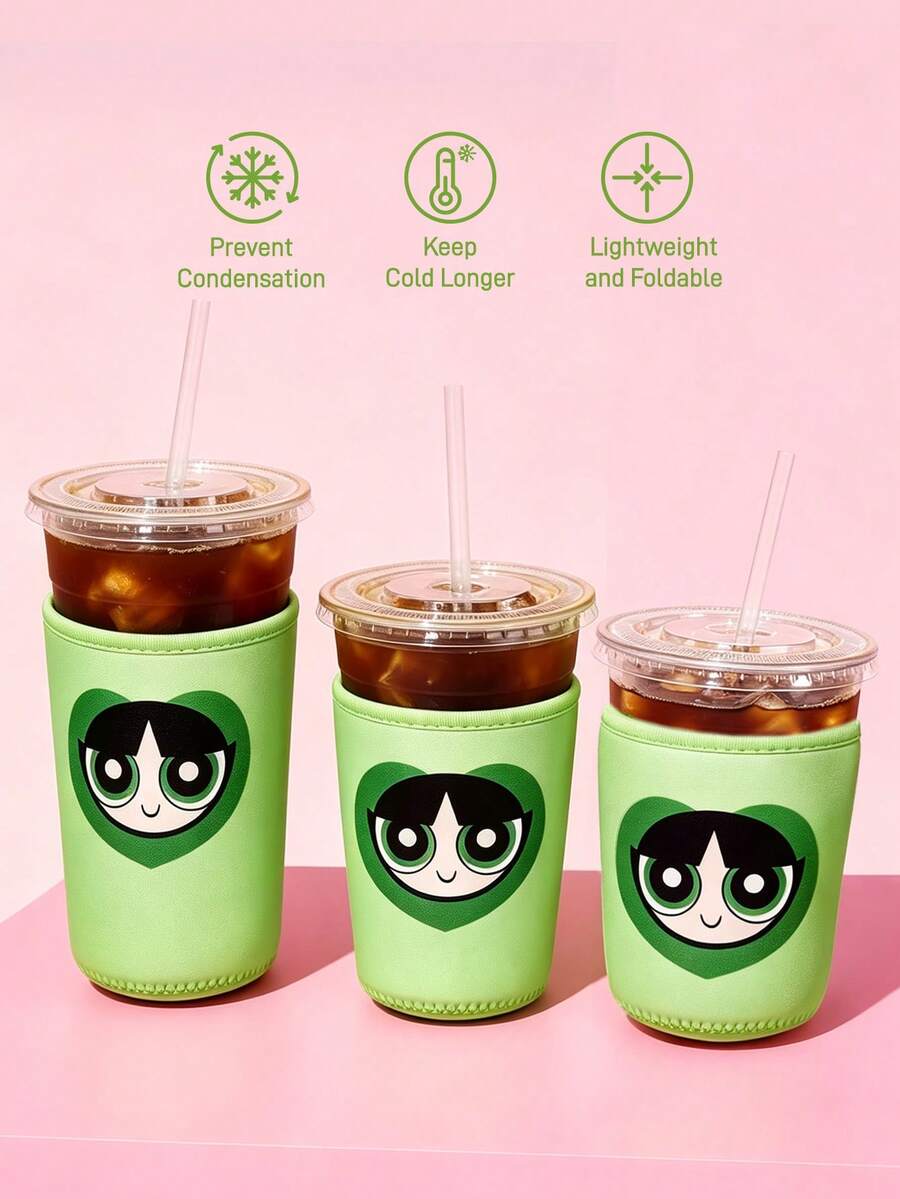 THE POWERPUFF GIRLS X SHEIN 1 Stück süßer bedruckter Stoff-Becherhalter, Neopren-Becherhülle aus thermisch isolierendem Material, wiederverwendbar, S/M/L drei Größen, geeignet für verschiedene OZ Kaffeetassen - Grün - Übersicht 1