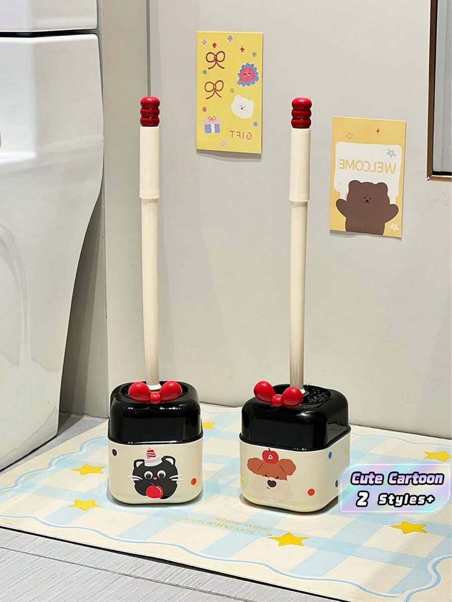 1PC Colorful Dopamine Bowknot Toilet Brush Set With Holder Long Handle Bathroom Cleaning Tool Cute Decorative Toilet Scrubber Set For Home Bathroom Storage - A - View 1
