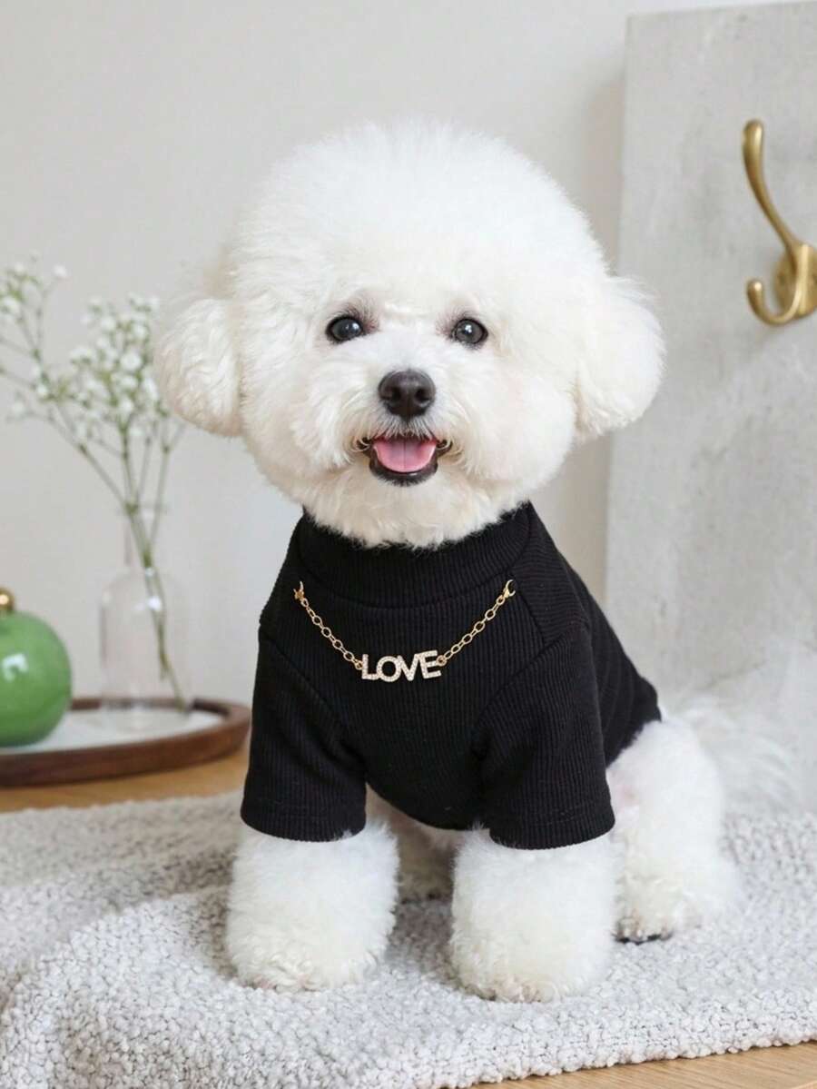 PETSIN 1件貓狗寵物衣,附愛心項鍊與寵物連帽衫,四季適用,可作為底層穿著 - 黑色 - 查看 1