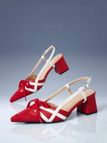CUCCOO GRLICON Color Matching Strap Design Pointed Toe Thick Heel Commuter Vacation Red Suede White PU Leather Women's High Heel Shoes Slingbacks Party - Red and white color matching - View 3
