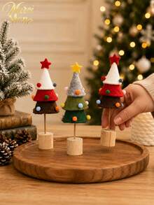 Muroi Mono Dekorasi Meja Pohon Natal dari Kain Felt, Pohon Mini Pom Pom Warna-warni dengan Alas Kayu, Ornamen Liburan Buatan Tangan yang Lucu untuk Rumah, Kantor, Meja, Rak & Dekorasi Pesta Natal - Beraneka warna - View 2