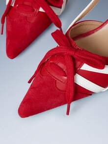 CUCCOO GRLICON Color Matching Strap Design Pointed Toe Thick Heel Commuter Vacation Red Suede White PU Leather Women's High Heel Shoes Slingbacks Party - Red and white color matching - View 4