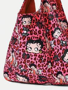 Betty Boop x SHEIN 1件大容量印花圖案單肩手提包，適用於露營、海灘、旅行、購物、學校、工作等場合 - 多色-豹紋粉 - 查看 4
