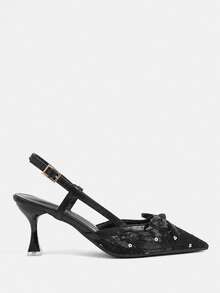 CUCCOO TILAWA Pointed Toe Breathable Mesh Hollow Bow Backless Fashionable Versatile Sexy Fairy Party Commute Black High Heels - Black - View 3