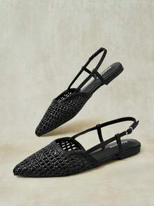 Styleloop Ladies Pointed Toe Real Woven Splicing Daily Travel Casual Versatile Fashion Sandals Flat - Black 1 - View 7