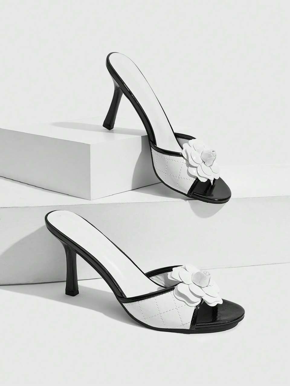 CUCCOO SZL Women Shoes Black And White PU Mix And Match Fashion Vacation Temperament Commuter Round Toe High Heel Sandals