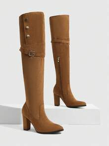Daringsoles 2026 Autumn/Winter New Pointed Toe Thigh High Boots, Thick Heel Slim Fit Riding Boots With Belt Buckle Decor Fall Shoes - Yellow brown velvet - View 4