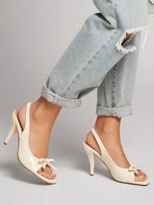 SHUZIA Women Crystal Rhinestone Embellished Square Toe Slingback High Heel Sandals Summer Shoes - White - View 1
