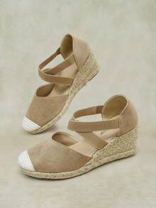 Styleloop Ladies, Rubber Band Cross Strap, Straw Rope, Sandals, High Heels. Fall Shoes - Khaki - View 3