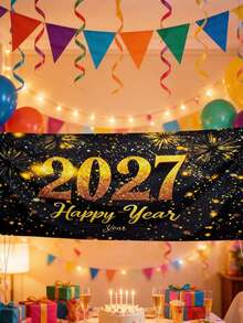 2026/2027 新年快樂橫幅 金色數位風 彩色紙碎派對背景布 黑白慶祝裝飾 多用途 室內外適用 居家辦公室婚禮 - 彩色 - 查看 2