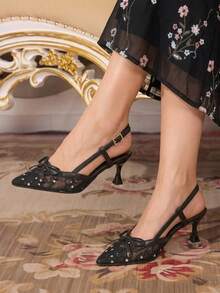 CUCCOO TILAWA Pointed Toe Breathable Mesh Hollow Bow Backless Fashionable Versatile Sexy Fairy Party Commute Black High Heels - Black - View 2