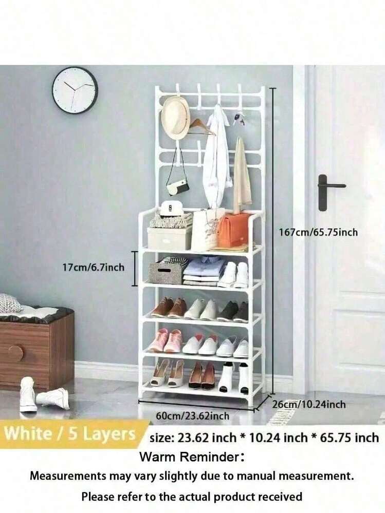 4/5‑Tier Heavy‑Duty Multipurpose Clothes & Shoe Rack With 8 Hooks, Space‑Saving Metal Storage Organizer. Durable Black/White Stand For Entryway, Bedroom, Dorm, Apartment, Hallway, Living Room, Holiday Decor, Festival & Daily Tidying Solution. - Multicolor - View 20