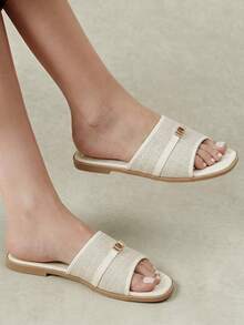 Styleloop Color Matching Square Toe Sandals Women's Summer Wear Flat Bottom Linen Breathable Slouchy Holiday Sandals - Off-white - View 2