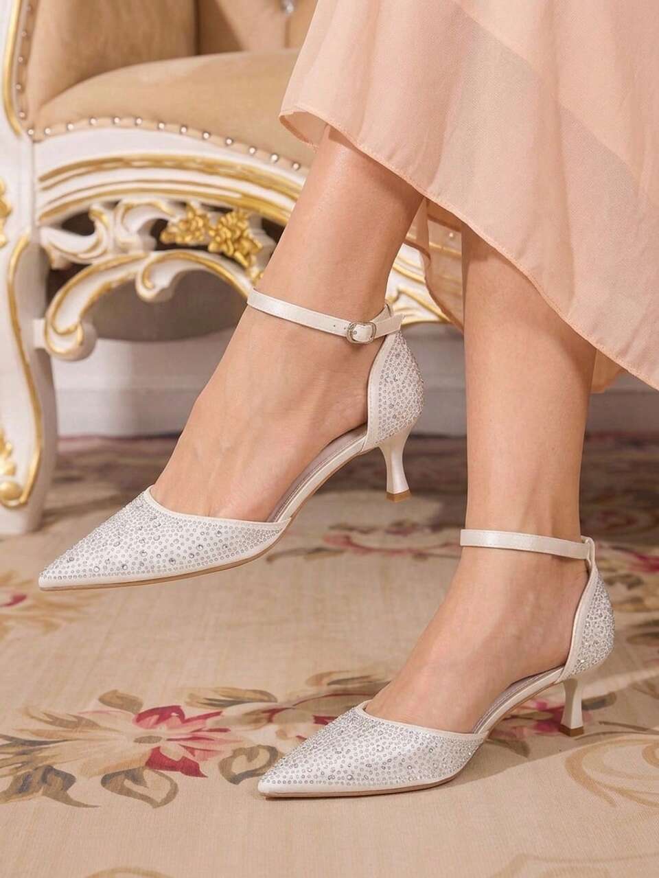 CUCCOO TILAWA Women Shoes Pointed Stiletto White Rhinestone Ankle Strap Sexy Fashion Gorgeous Banquet Party Ladies High Heel Shoes Hollow Women's Shoes Fall Shoes