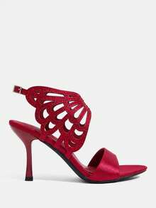 CUCCOO TILAWA Burgundy Satin Hollow Rhinestone Stiletto Sandals, Women's Light Luxury Rear Strap Buckle Open-Toed High Heels - Burgundy - View 3