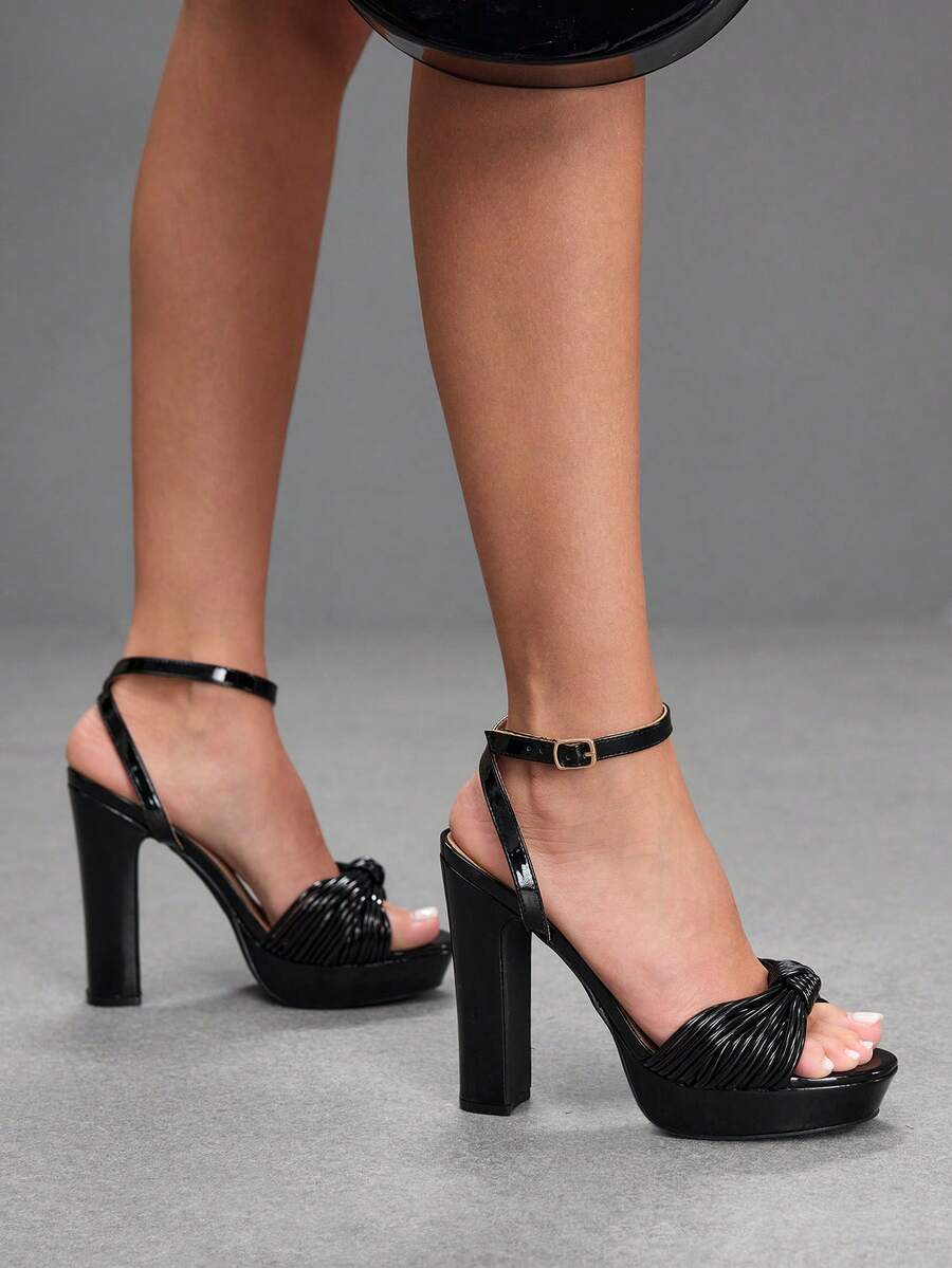 CUCCOO SZL Chic Women's Gold Platform Block Heel Sandals With Knotted Detail And Ankle Strap Fashionable Party Shoes - Black mirror PU - View 1
