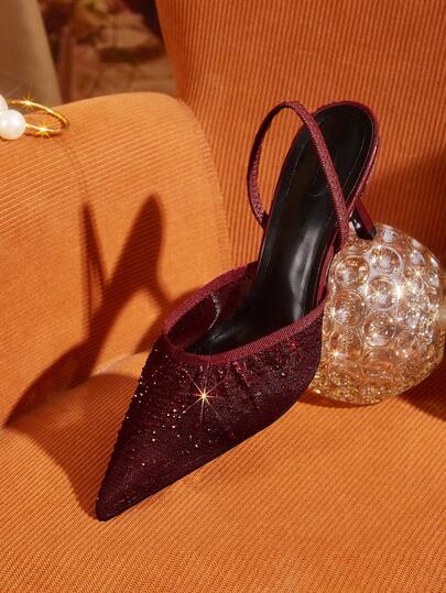 CUCCOO TILAWA Ladies Burgundy Mesh Full Of Rhinestone Pointed Toe High Heels Slippers Thin Single Ankle Strap Thin Straight High Heels Muller Shoes Elegant Dinner