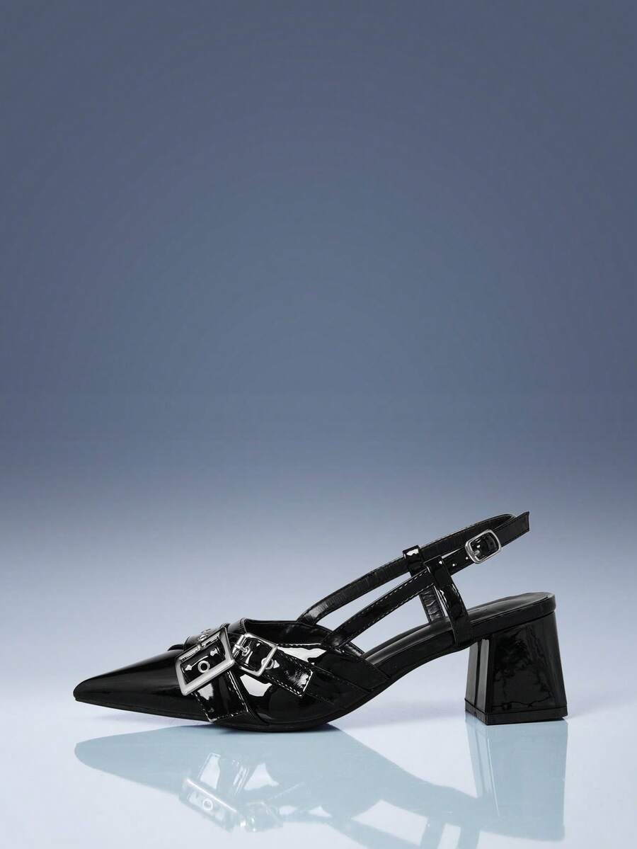 CUCCOO GRLICON Cross Strap Buckle Trim Back Strap Pointed Thick Heel Commuter Vacation Solid Color Black PU Leather Ladies High Heel Shoes Stickleback Party - Black - View 1