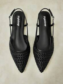 Styleloop Ladies Pointed Toe Real Woven Splicing Daily Travel Casual Versatile Fashion Sandals Flat - Black 1 - View 1