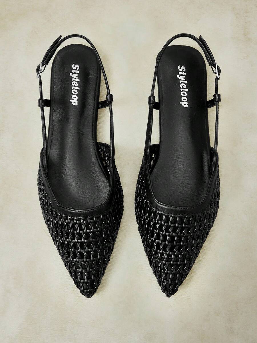 Styleloop Ladies Pointed Toe Real Woven Splicing Daily Travel Casual Versatile Fashion Sandals Flat - Black 1 - View 1