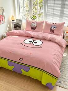 SpongeBob SquarePants | SHEIN 3件組卡通圖案被套組，柔軟保暖，可機洗，適用單人/雙人/Queen/King尺寸床 - 派大星豆沙色 - 查看 1