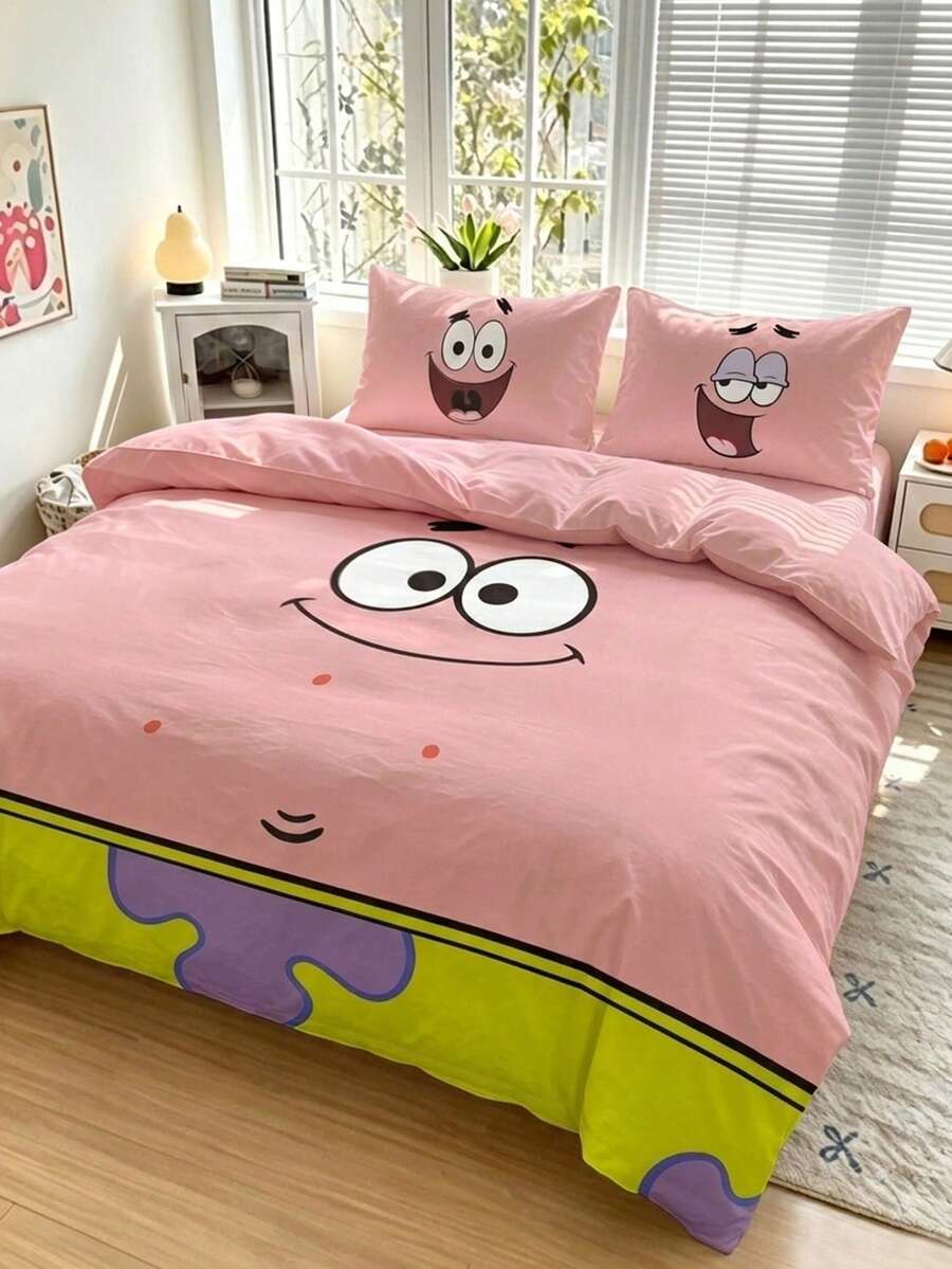 SpongeBob SquarePants | SHEIN 3件組卡通圖案被套組,柔軟保暖,可機洗,適用單人/雙人/Queen/King尺寸床 - 派大星豆沙色 - 查看 1