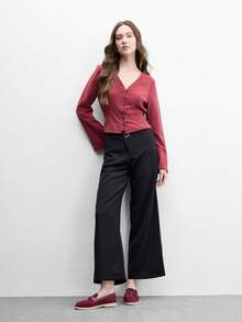 CUCCOO BIZCHIC 女款時尚酒紅色麂皮拼接舒適通勤平底樂福鞋，適合購物、上班與日常穿著 - 酒紅色 - 查看 6