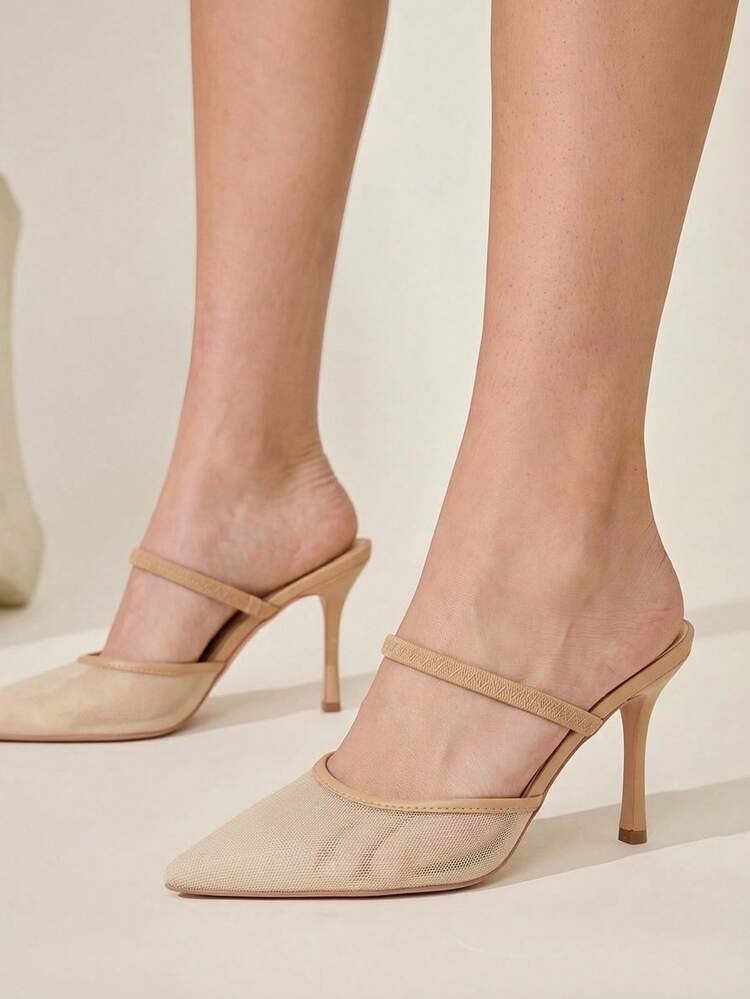 CUCCOO CHICEST Sandal Wanita Musim Semi/Panas Terbaru Warna Aprikot dengan Ujung Lancip dan Desain Jala, Modis, Minimalis, Serbaguna, Cocok untuk Kencan, dan Gaya Seksi dengan Hak Tinggi dan Sollet. - Aprikot - View 3
