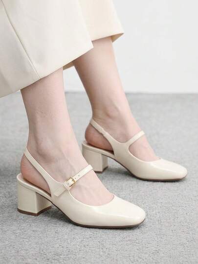 CUCCOO BIZCHIC Women's Square Toe Round Mouth Buckle Foot Strap Slingback Thick Heel Cloth Heel Shoes, Graduation Season Vacation Season, Business Leisure Fashion C