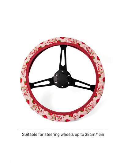 Strawberry Shortcake X SHEIN Cute Strawberry Pattern Steering Wheel Cover, 15-Inch Universal Non-Slip Elastic Car Steering Wheel Cover, Soft And Breathable Pink Strawberry Pattern Car Interior Accessories, Suitable For Women And Girls