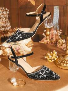 CUCCOO TILAWA Ladies' Fashionable And Elegant Pointed Crystal Heel, Rhinestone Pointed Laser Lace, Women's High-Heeled Shoes, Suitable For Banquets, Parties Fall Shoes - Black - View 1