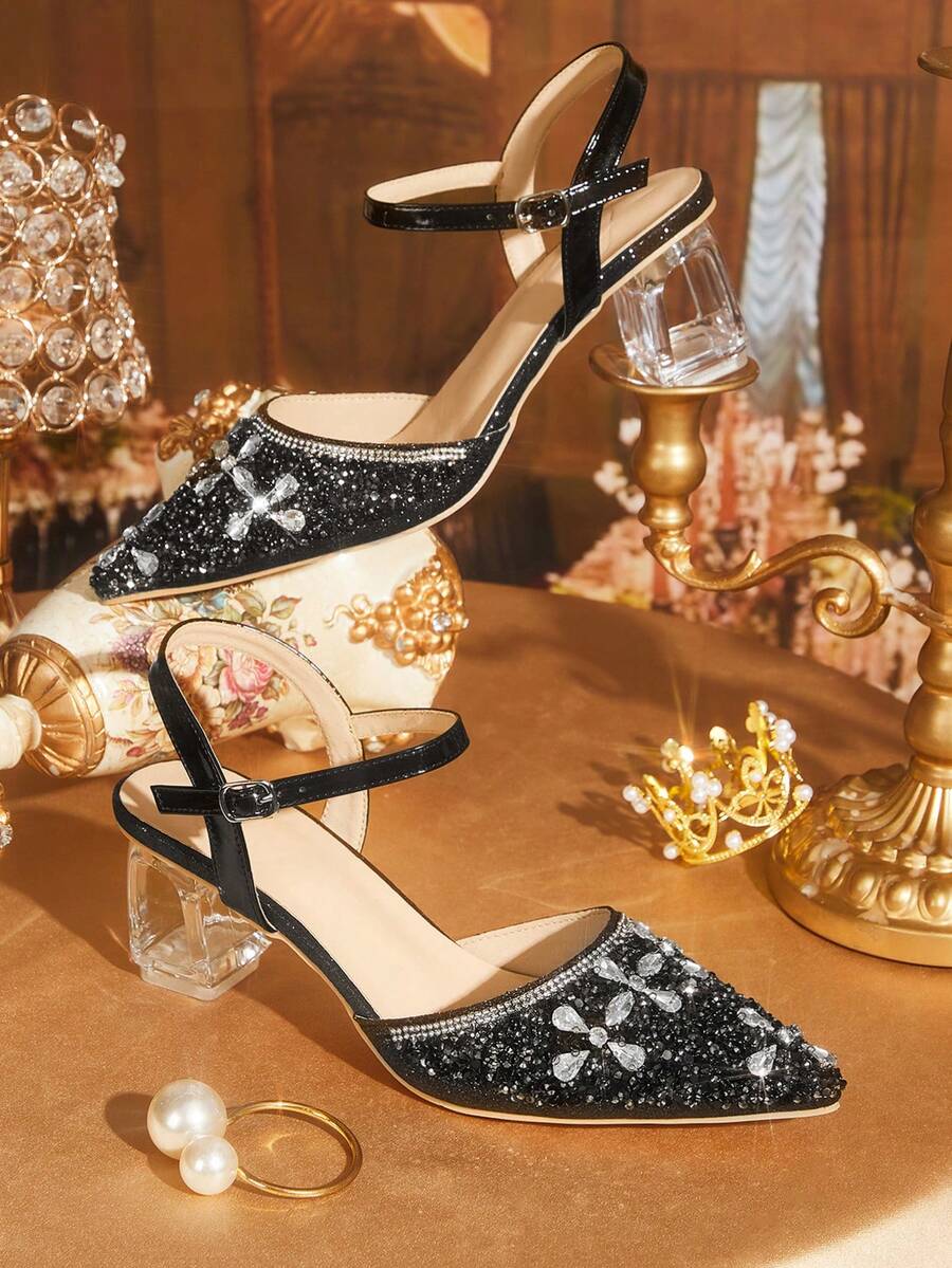 CUCCOO TILAWA Ladies' Fashionable And Elegant Pointed Crystal Heel, Rhinestone Pointed Laser Lace, Women's High-Heeled Shoes, Suitable For Banquets, Parties Fall Shoes - Black - View 1