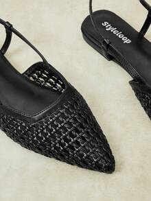 Styleloop Ladies Pointed Toe Real Woven Splicing Daily Travel Casual Versatile Fashion Sandals Flat - Black 1 - View 4