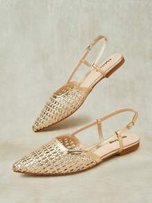 Styleloop Ladies Pointed Real Woven Splicing Daily Travel Casual Versatile Fashion Sandals Flat - Gold 1 - View 7