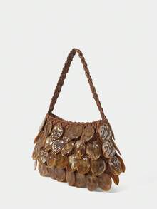 SHECARRY Ladies Fashionable Elegant Simple Handmade Irregular Leaves Hanging Leaves Rhombus Grid Ladies Handbag, Party Dating Banquet - Brown - View 2