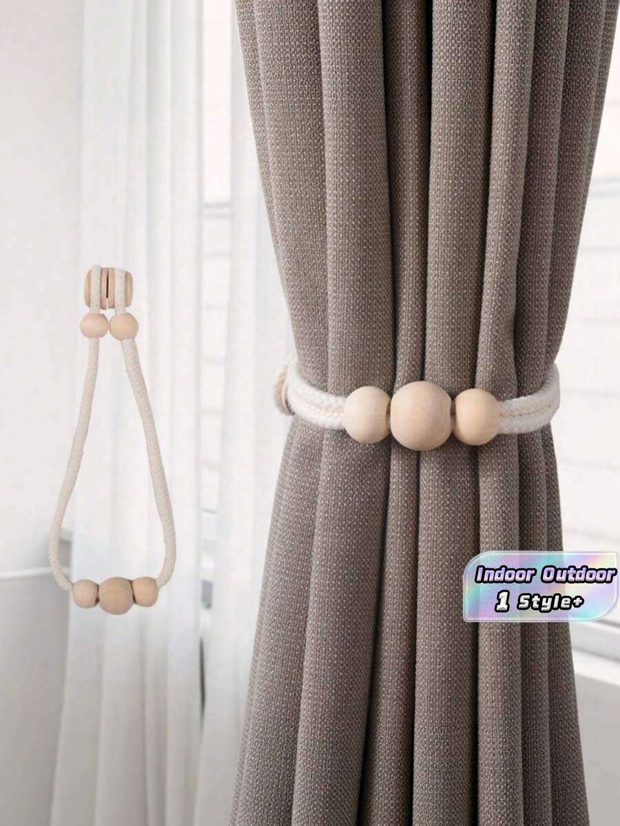 2PCS Standard Size Natural Wood Magnetic Curtain Tieback Holders No Drilling Required Strong Magnet Clips With Hanging Rope For Window Sheer Drapes Blinds Decorative Storage Organizer For Living Room Bedroom Office Home Decor Accent Essential - pair - View 1