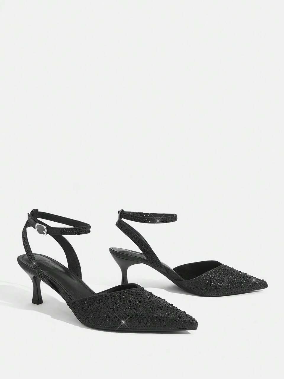 CUCCOO TILAWA Women Shoes Pointed Toe Slingback Stiletto Black Full Diamond Ankle Strap Sexy Fashion Gorgeous Banquet Party Ladies High Heel Shoes Fall Shoes