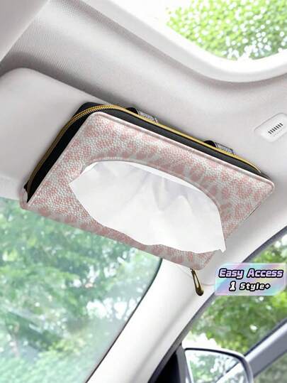 1PC PU Leather Metal Zipper Clip Visor Mount Seat Back Multifunctional Pink Leopard Print Car Tissue Box Holder Car Napkin Dispenser For Car SUV Truck Car Interior Storage Organizer Auto Accessories