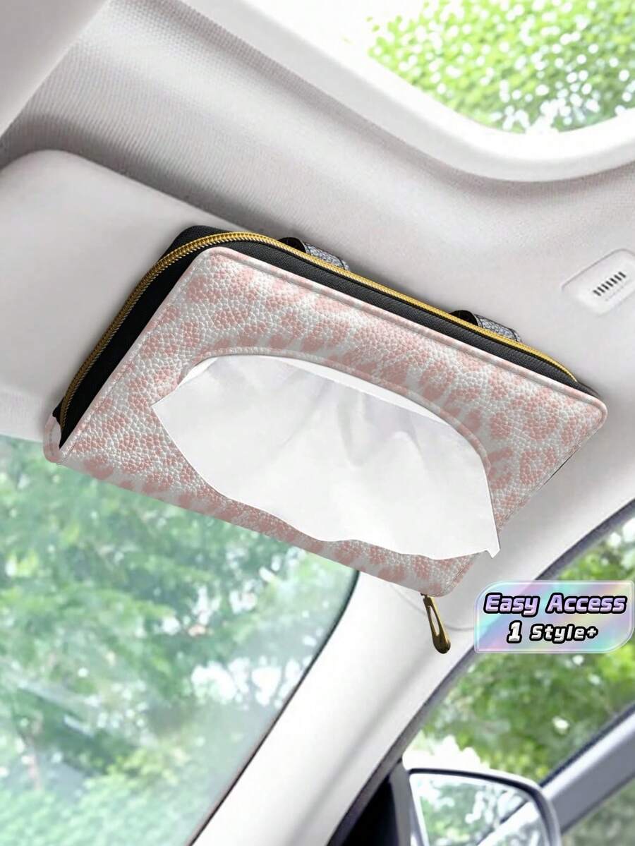 1PC PU Leather Metal Zipper Clip Visor Mount Seat Back Multifunctional Pink Leopard Print Car Tissue Box Holder Car Napkin Dispenser For Car SUV Truck Car Interior Storage Organizer Auto Accessories - A - View 1