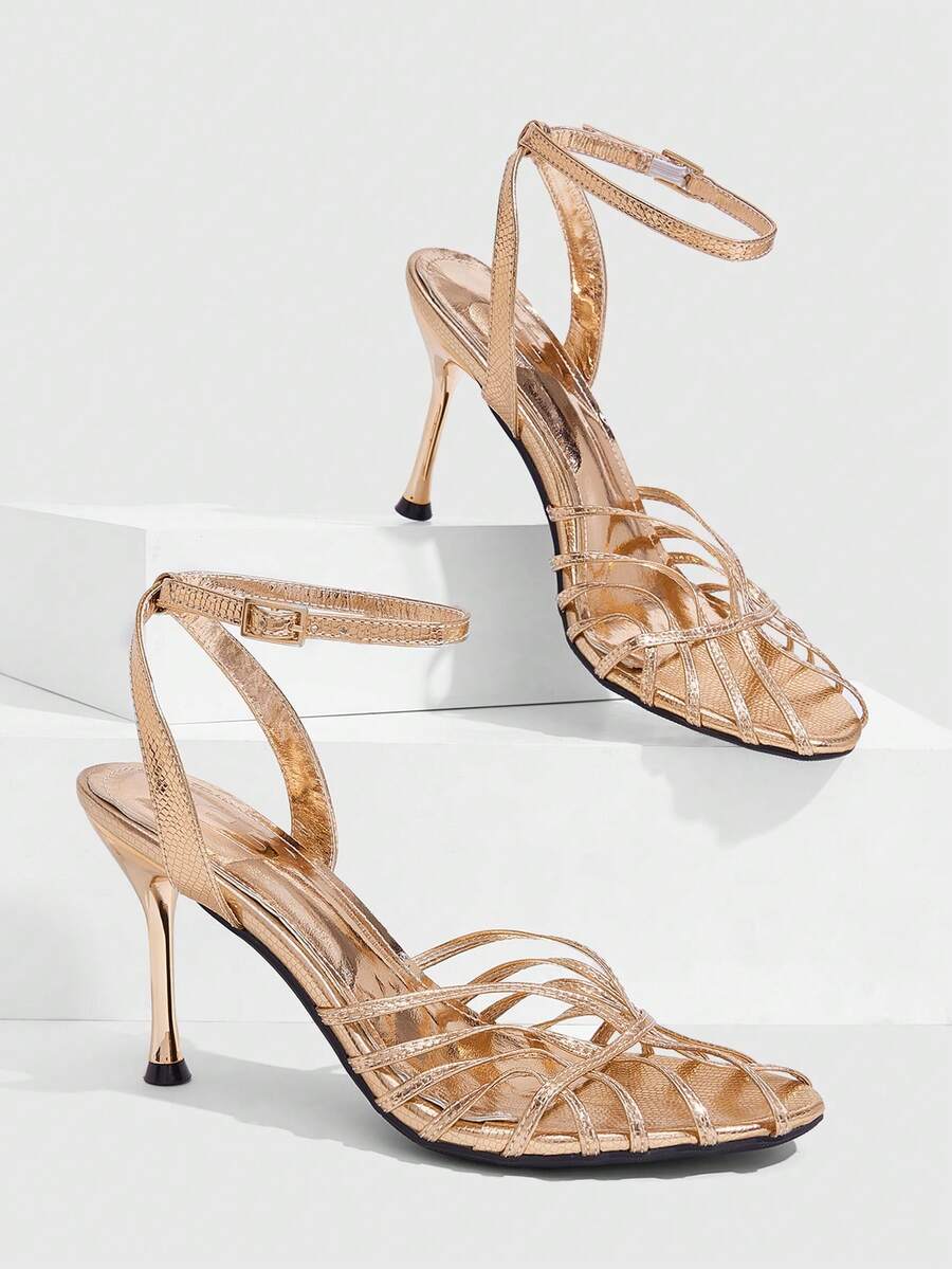 CUCCOO SZL Women Shoes Summer Weave Multi-Ribbon Skinny Heel Sexy Glossy Gold Open-Toed Sandals Dinner Party Summer Shoes - Champagne embossing - View 1